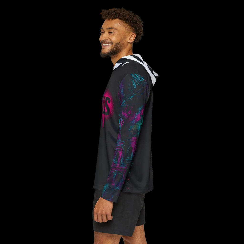 Neon Chaos graphic hoodie with Rome Colosseum sleeves, featuring all-over print design by Chaos Kitten Emporium®.