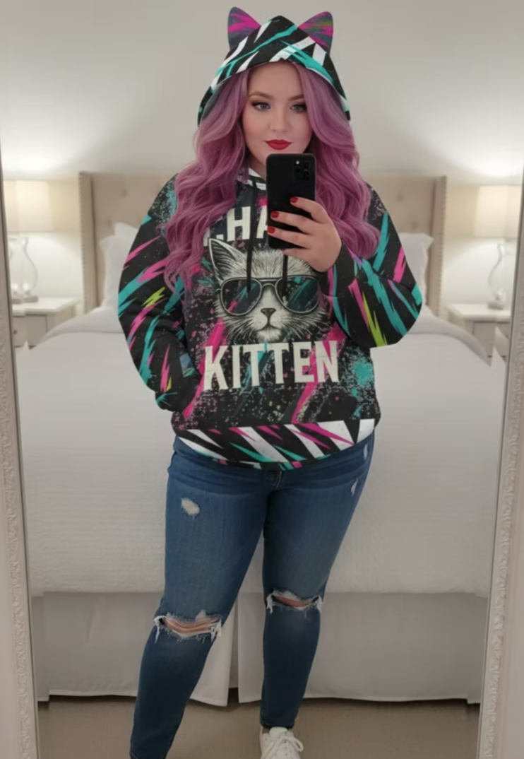 Model wearing All-Over Print Women’s Hoodie with cat ears, styled with distressed jeans and white sneakers in a bright room.