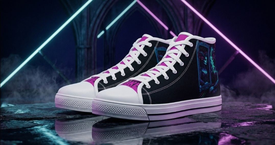 High-top canvas shoes featuring a dark fantasy design with pink accents and a neon-lit mirror artwork.