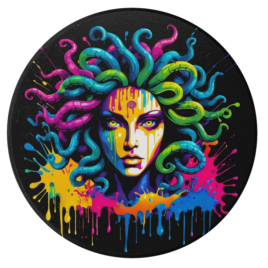Vibrant Medusa portrait on a black background, showcasing colorful hair in cyan, magenta, yellow, and lime on a ceramic coaster.