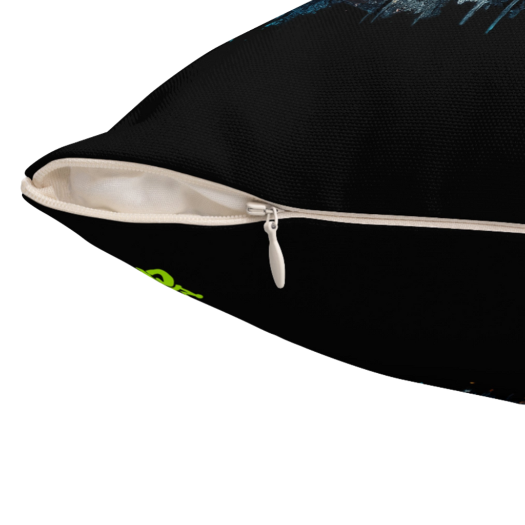 a black pillow with a white zipper