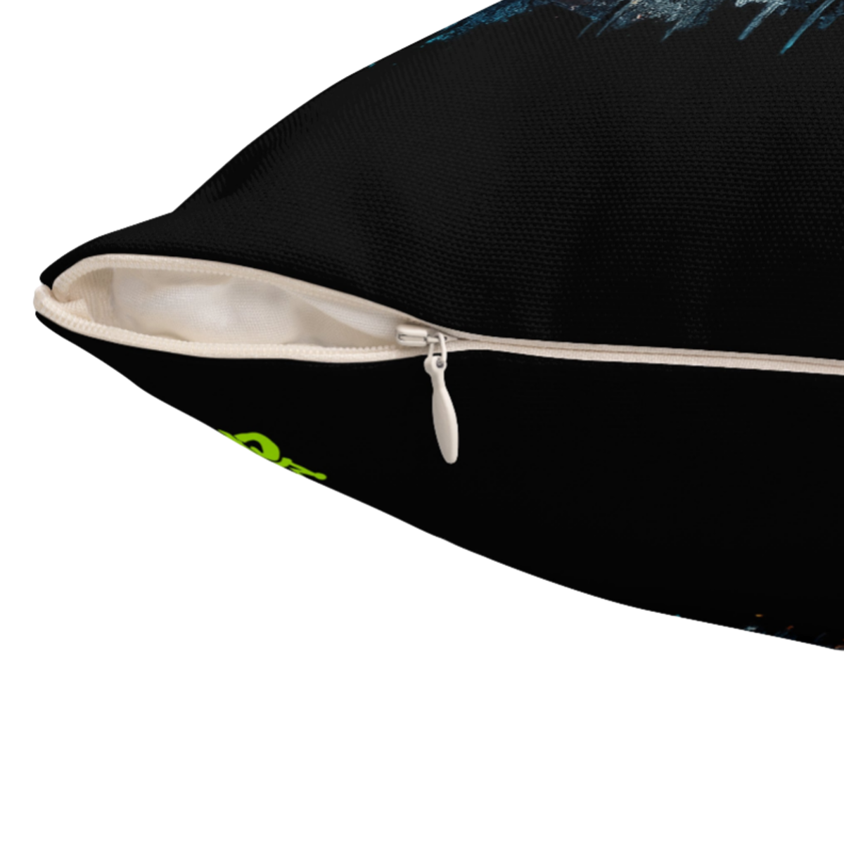 a black pillow with a white zipper