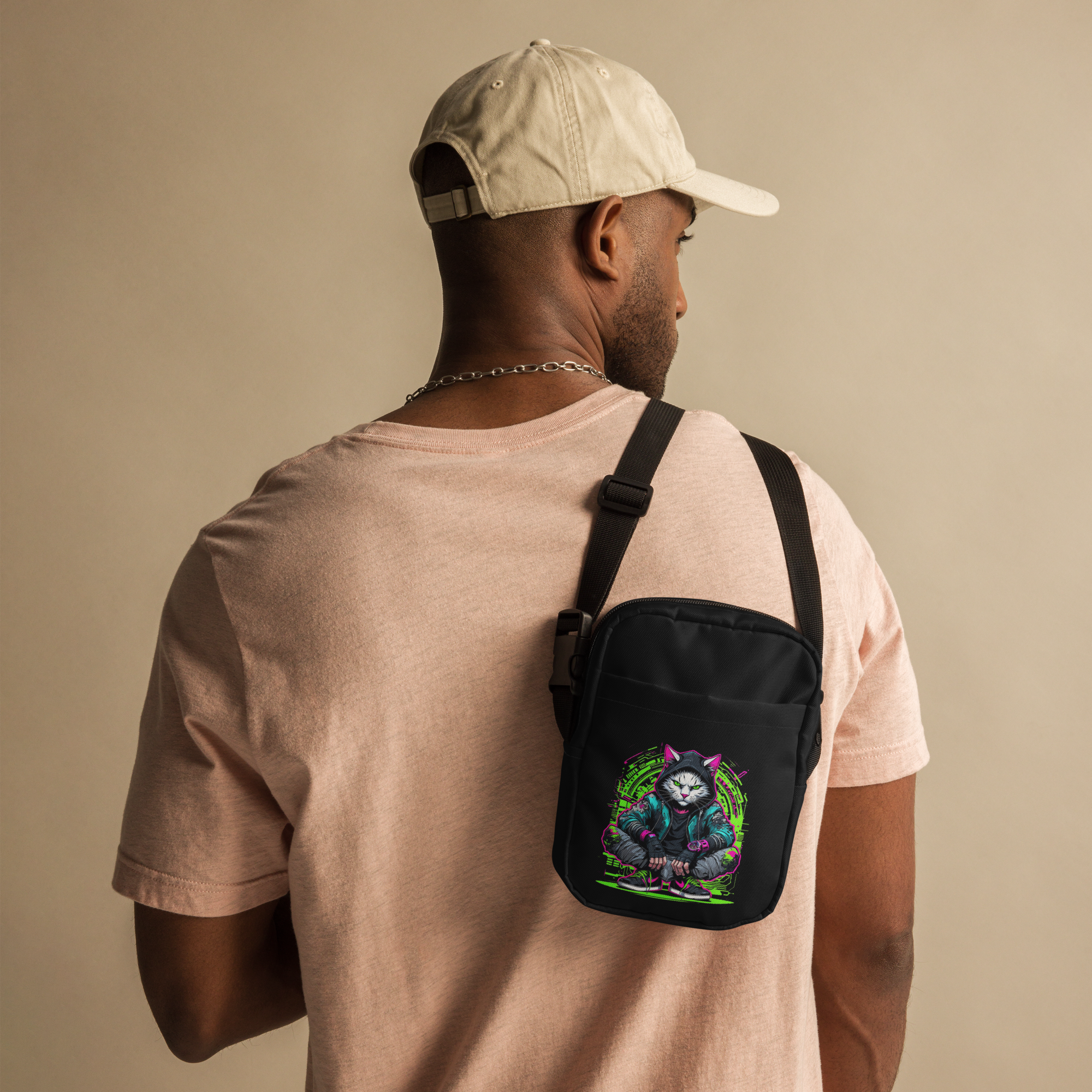 Urban Nomad Utility Crossbody Bag by Chaos Kitten Emporium with all-over print, white color, front view, stylish streetwear accessory.