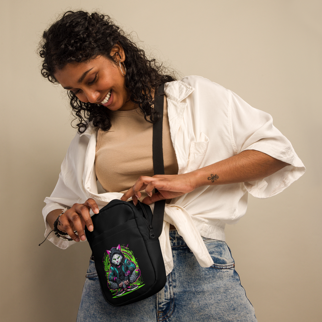 Urban Nomad Utility Crossbody Bag by Chaos Kitten Emporium with all-over print, white fabric, and adjustable strap.