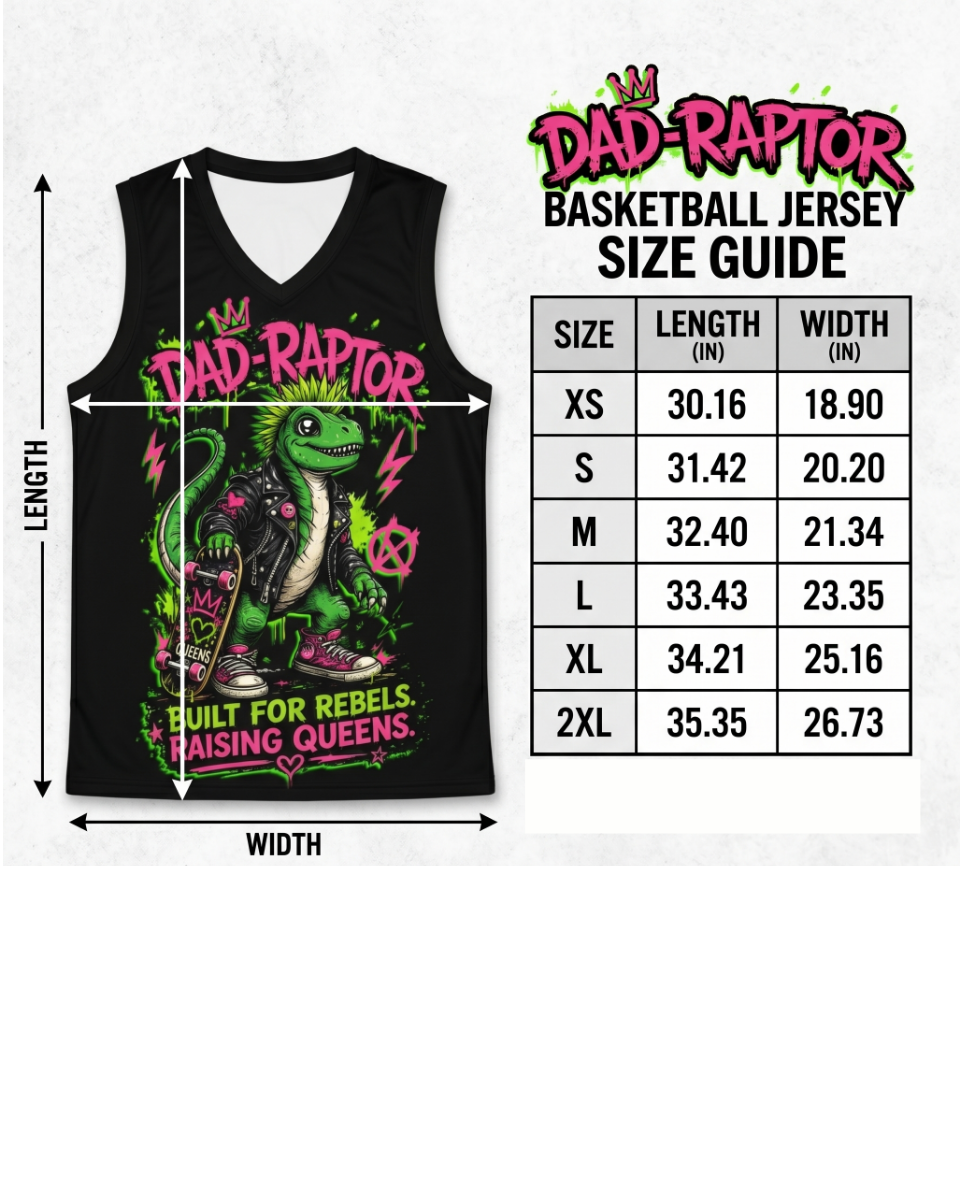 Chaos Kitten Emporium™ punk rock Dad-Raptor graphic tank top for men, featuring a neon dinosaur design with skateboard. Size Chart