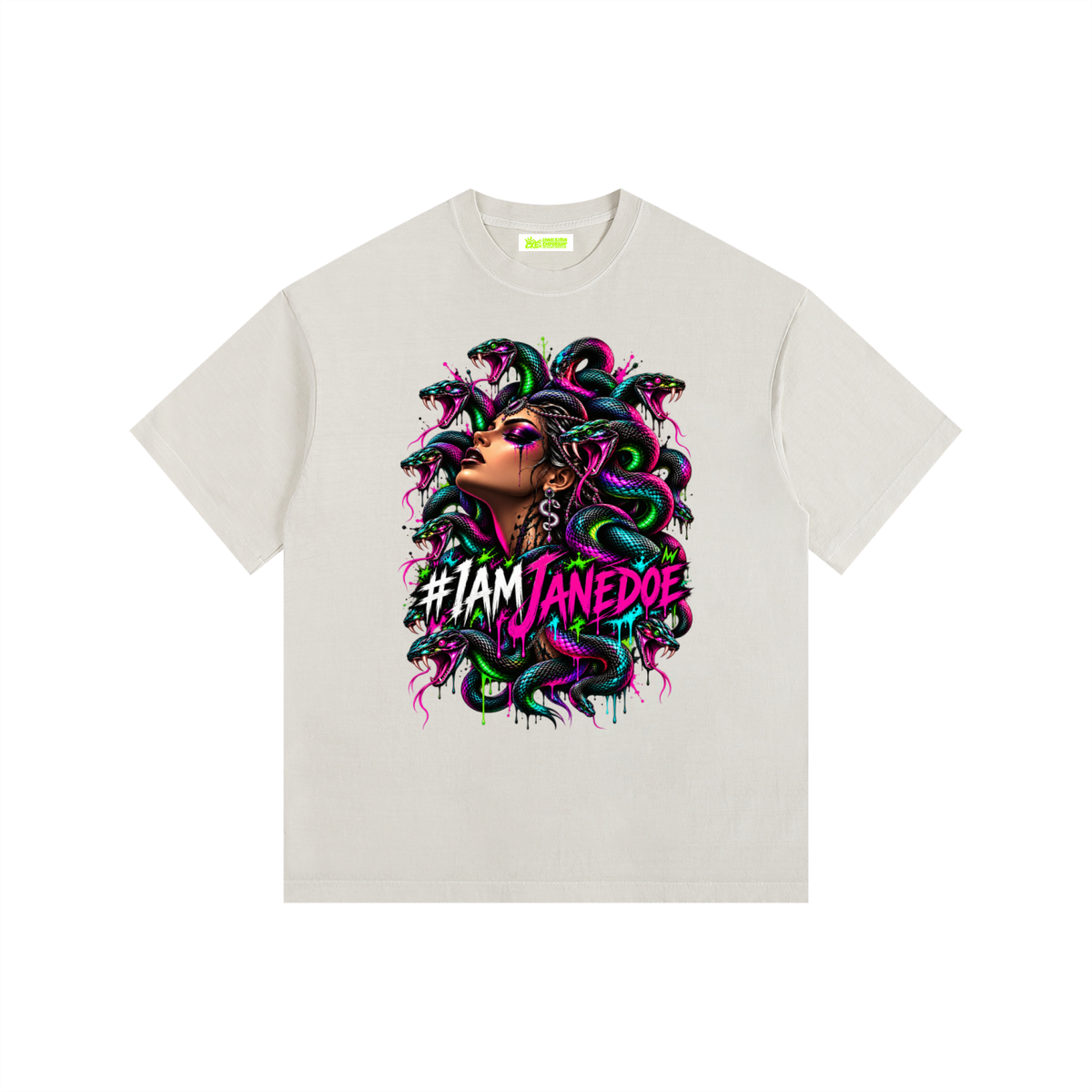 IAmJaneDoe,MedusaGraphicTee,GothicStreetwear,CyberGrungeClothing,AlternativeFashion,OversizedGraphicTee,VintageWashedShirt,NeonMedusa,DarkAesthetic,WomensGraphicTee,MythologyShirt,WearableArt,Apparel,CKE,ChaosKittenEmporium