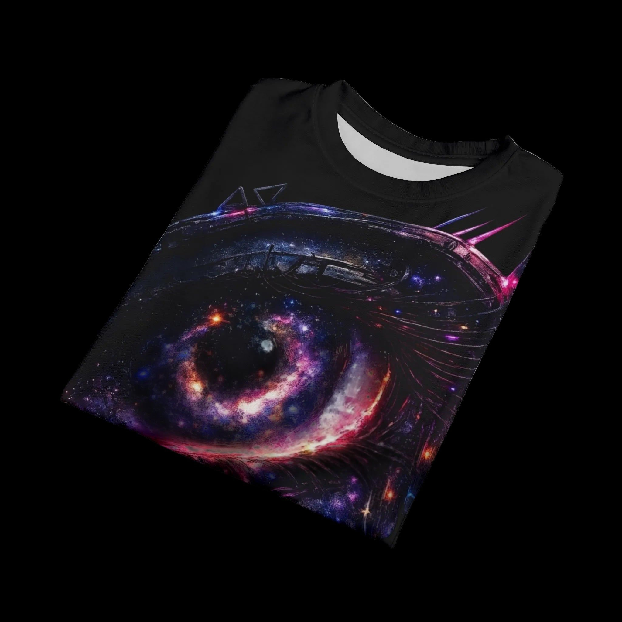 Chaos Kitten Emporium™ premium black graphic t-shirt, folded to display the vibrant cosmic eye artwork.