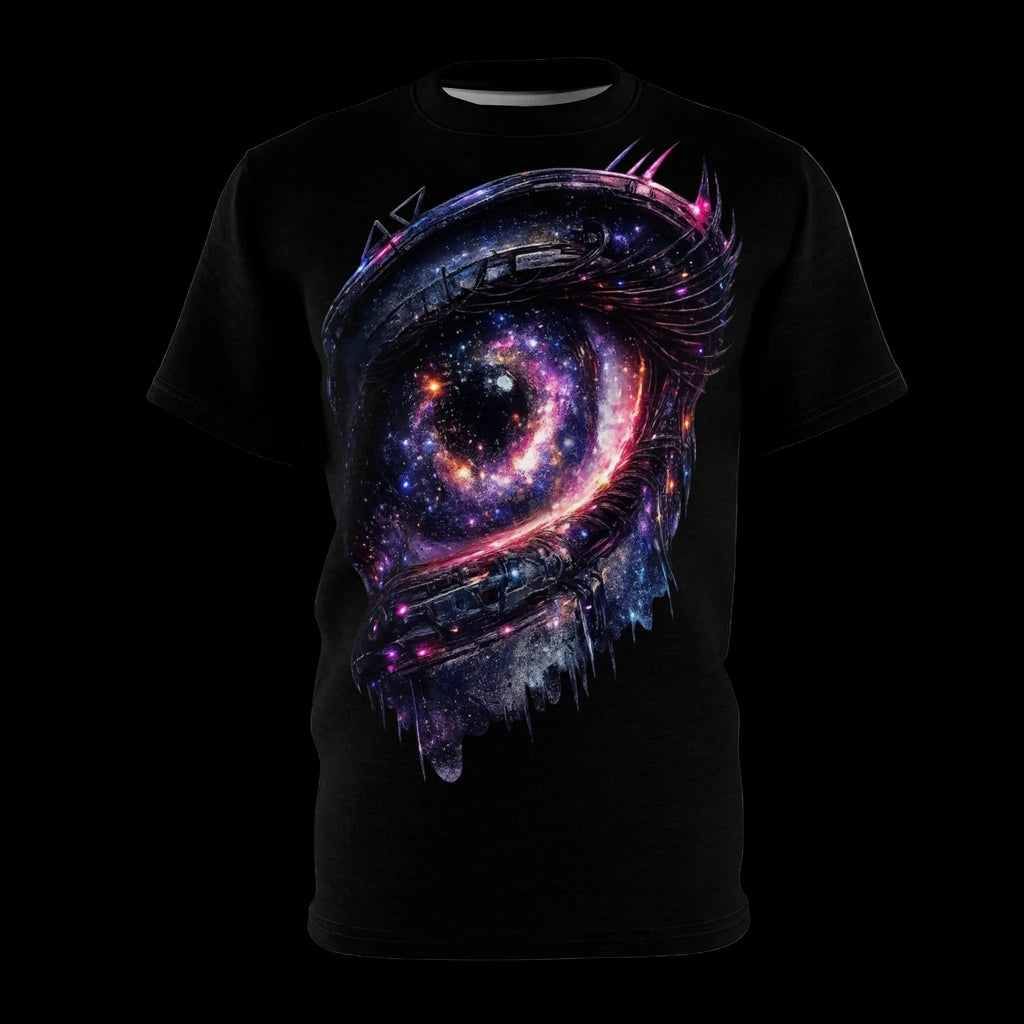 Chaos Kitten Emporium™ graphic t-shirt featuring a cosmic, nebula-filled eye design on a premium black tee.