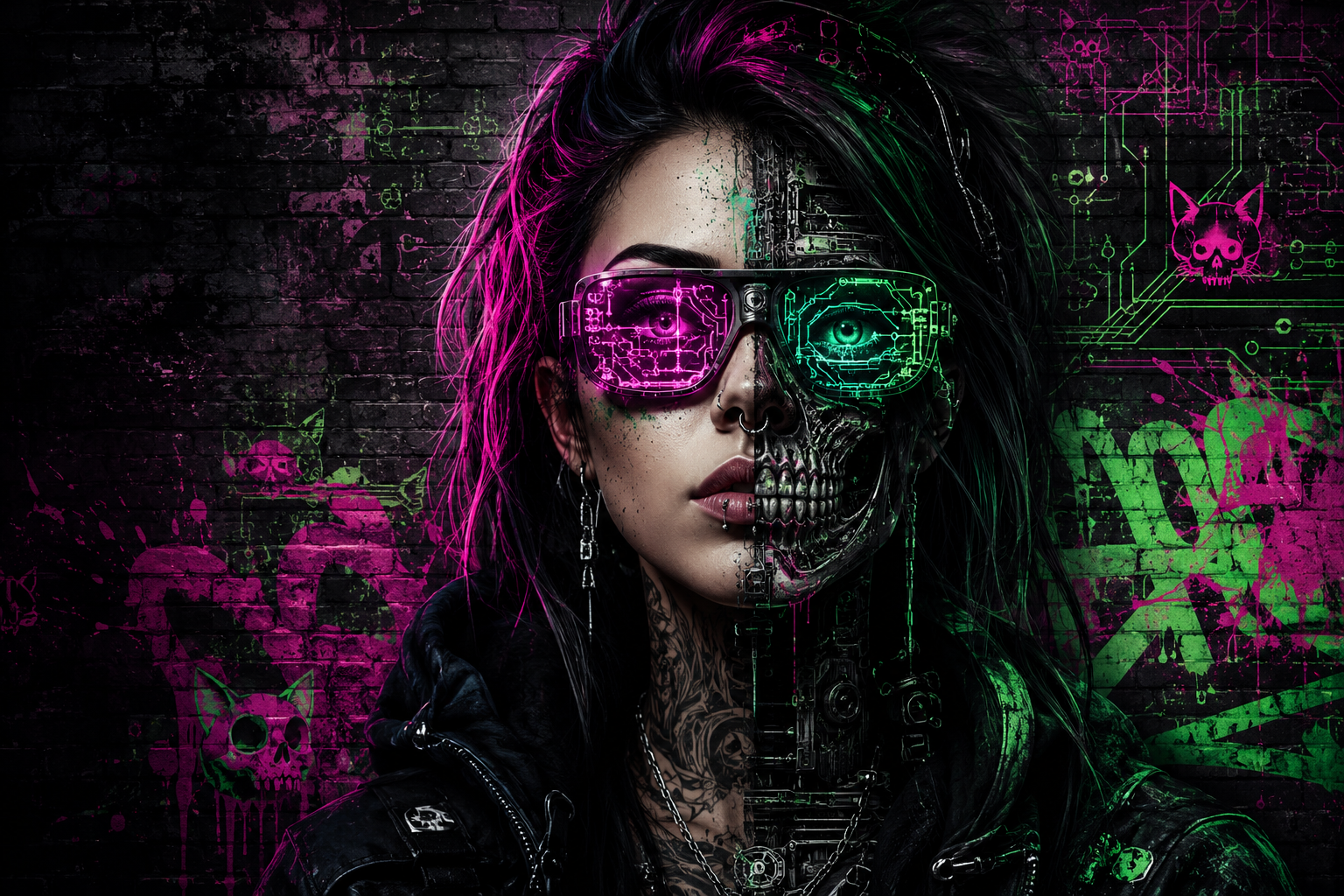 A cinematic digital illustration of a cyber-goth woman with half-human, half-cybernetic skull features wearing futuristic neon glasses, set against a dark brick wall with vibrant pink and neon green graffiti, including small cat-skull tags, representing Chaos Kitten Emporium streetwear.
