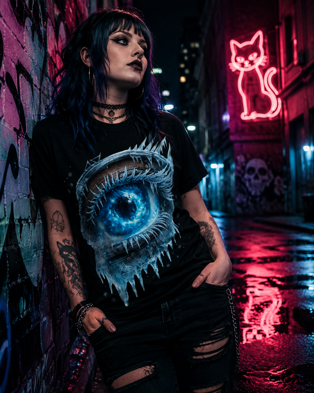 Model wearing Frozen Galaxy Eye T-Shirt from Chaos Kitten Emporium, styled with leather jacket in a neon-lit urban alleyway, gothic streetwear aesthetic