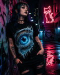 Model wearing Frozen Galaxy Eye T-Shirt from Chaos Kitten Emporium, styled with leather jacket in a neon-lit urban alleyway, gothic streetwear aesthetic