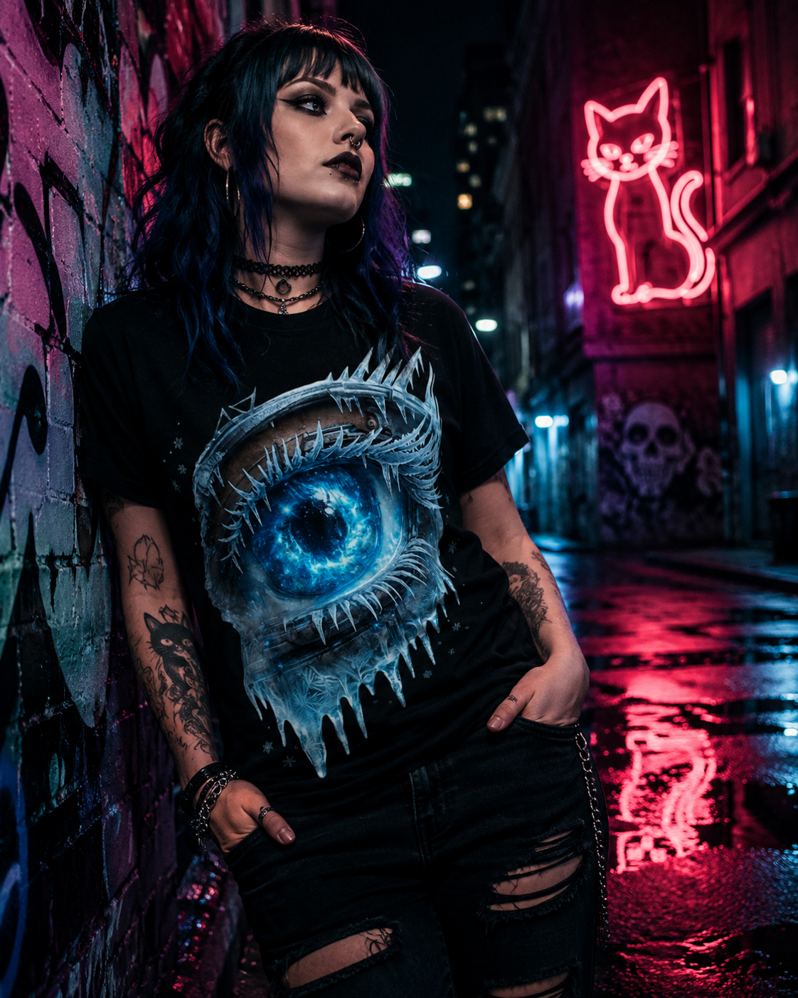 Model wearing Frozen Galaxy Eye T-Shirt from Chaos Kitten Emporium, styled with leather jacket in a neon-lit urban alleyway, gothic streetwear aesthetic