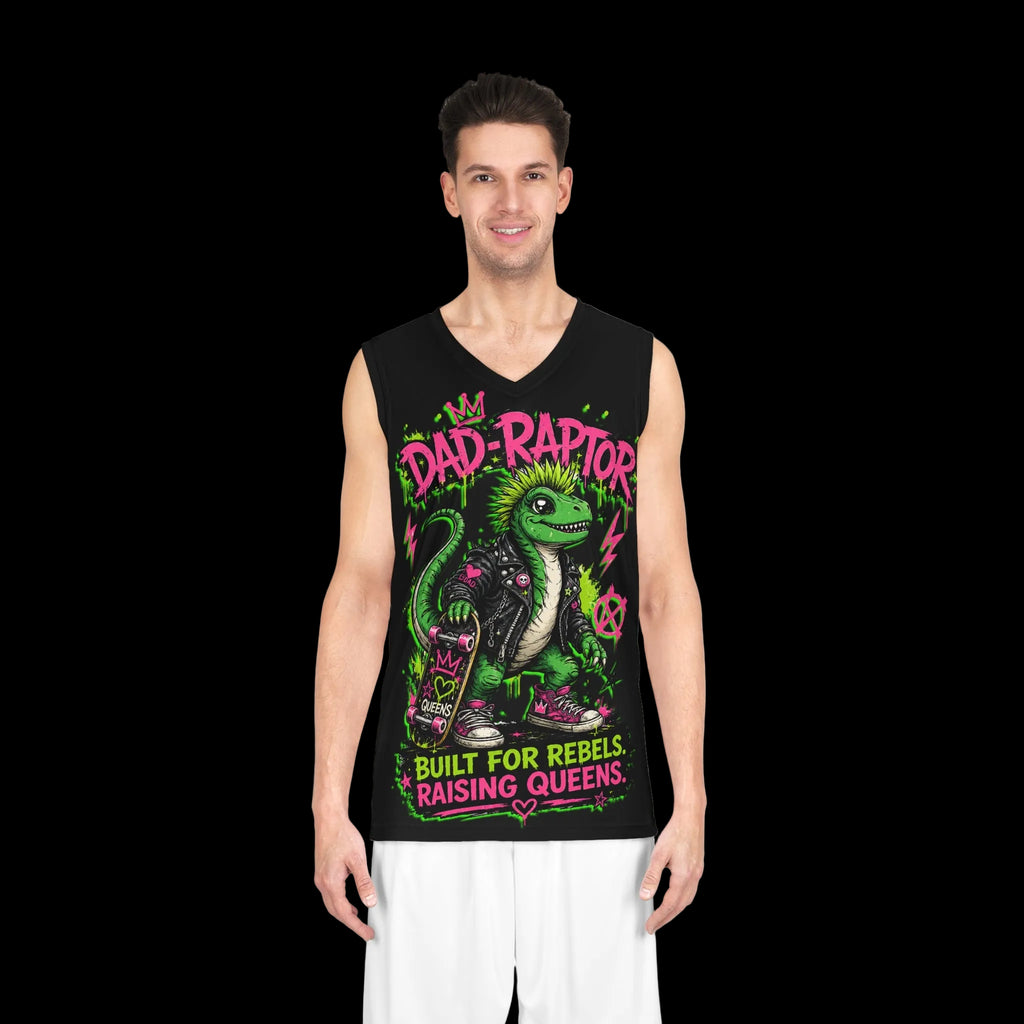 Chaos Kitten Emporium™ punk rock Dad-Raptor graphic tank top for men, featuring a neon dinosaur design with skateboard.