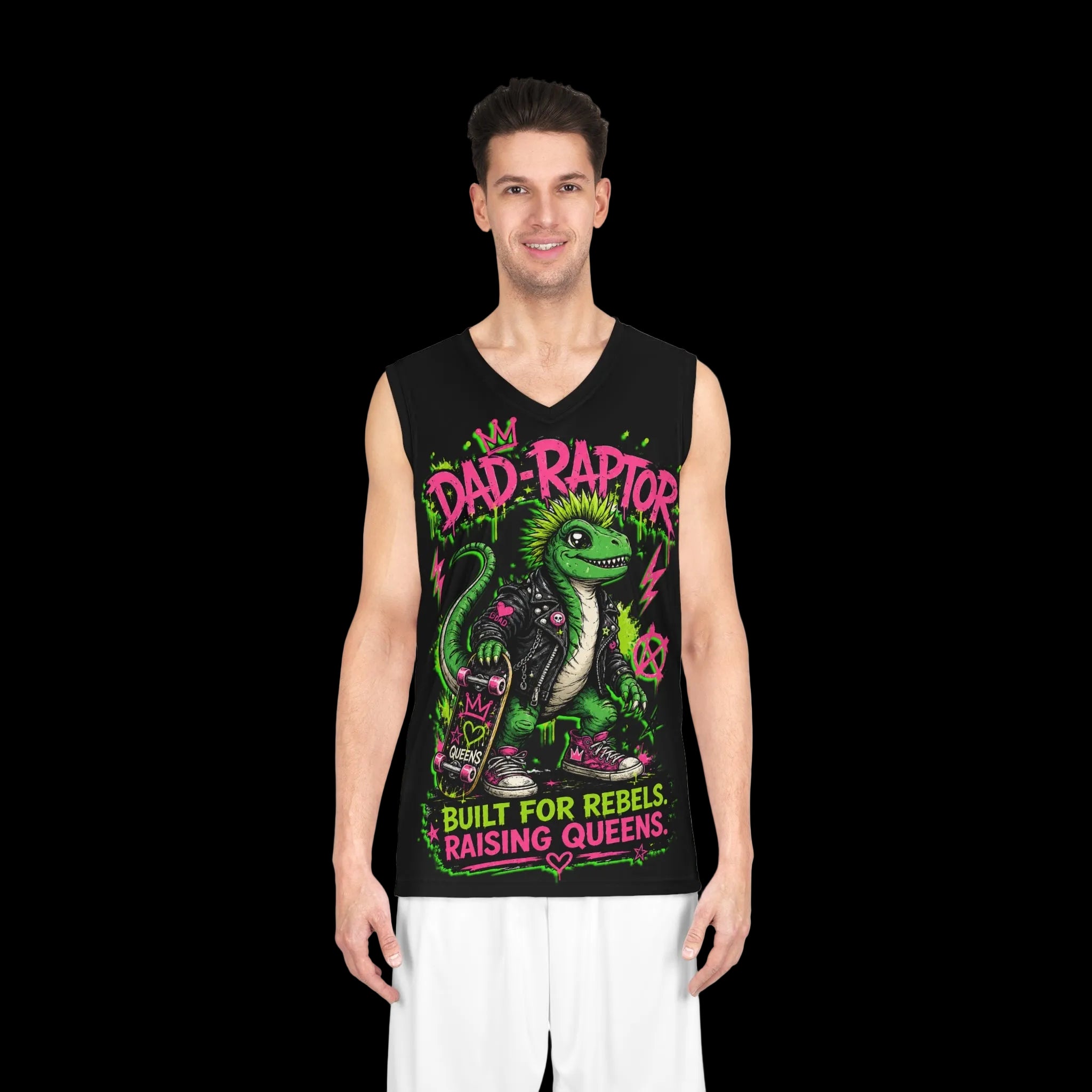Chaos Kitten Emporium™ punk rock Dad-Raptor graphic tank top for men, featuring a neon dinosaur design with skateboard.