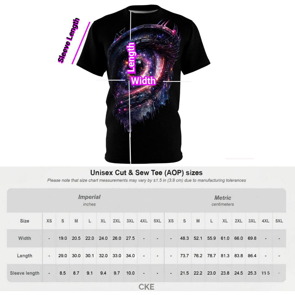 Chaos Kitten Emporium™ apparel sizing guide, featuring measurements for the unisex graphic tee in imperial and metric units.