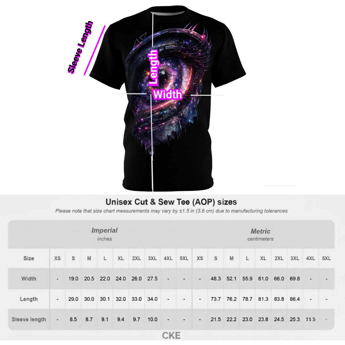 Chaos Kitten Emporium™ apparel sizing guide, featuring measurements for the unisex graphic tee in imperial and metric units.