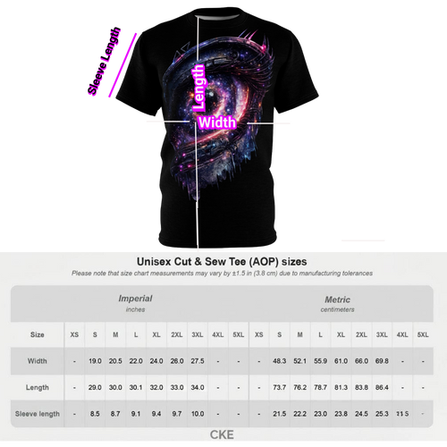 Chaos Kitten Emporium™ apparel sizing guide, featuring measurements for the unisex graphic tee in imperial and metric units.