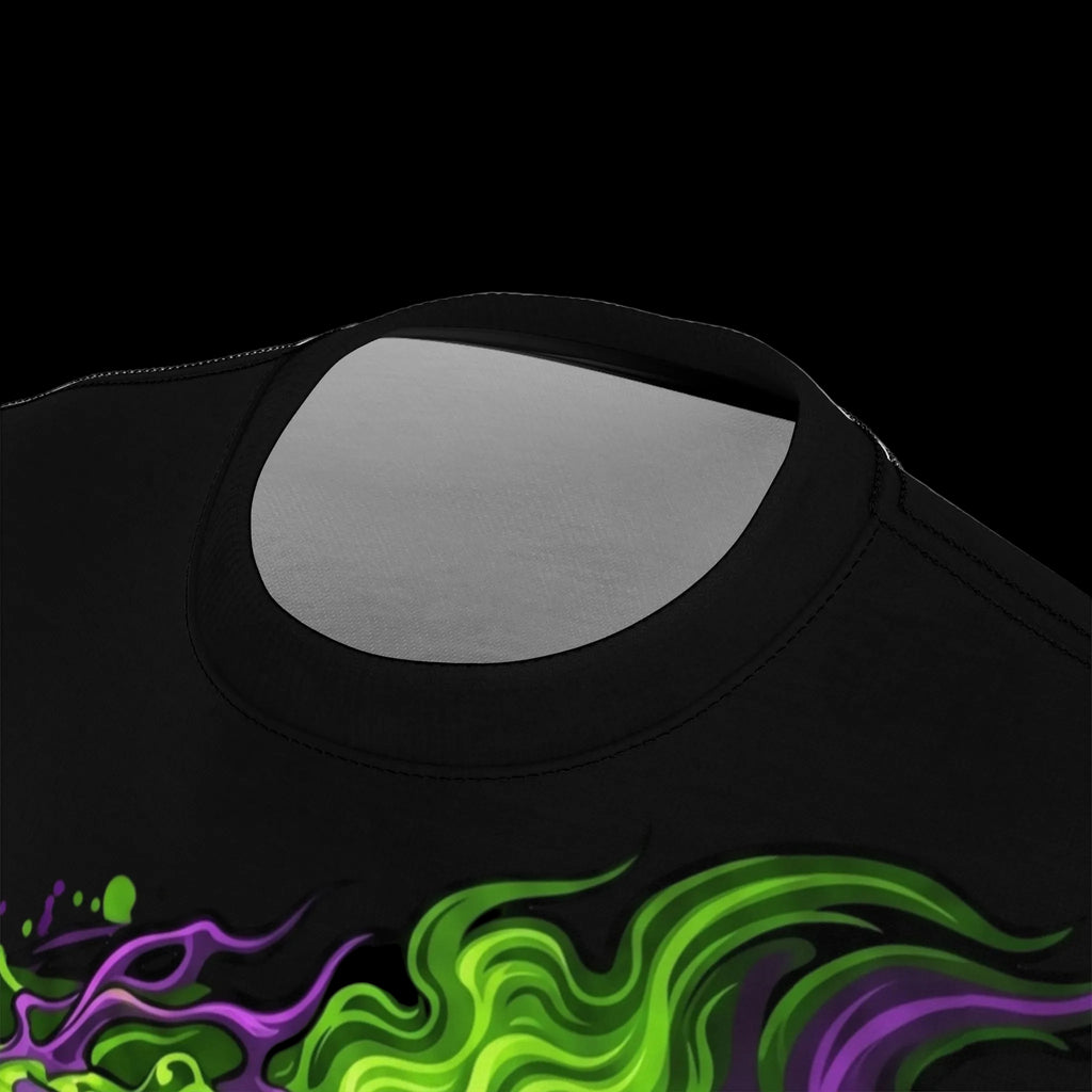 Close-up detail shot of the neckline on a high-quality black unisex t-shirt from Chaos Kitten Emporium.