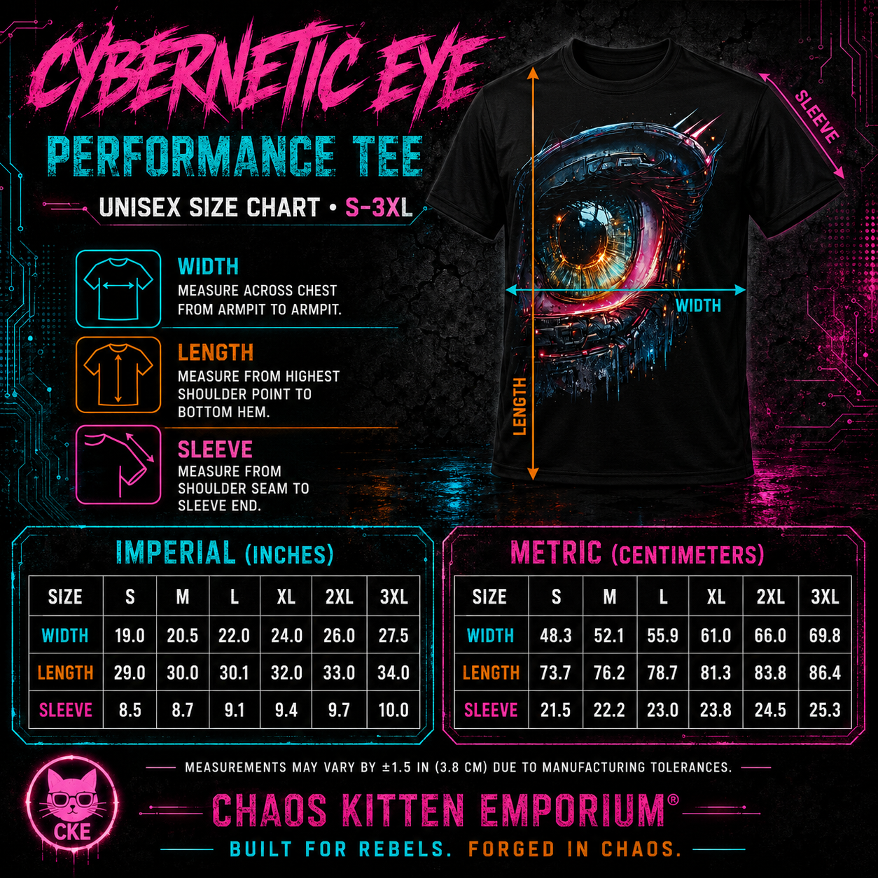 Cybernetic Eye Performance Tee | Chaos Kitten Emporium | Electric Teal, Molten Amber, Neon Magenta | S–3XL