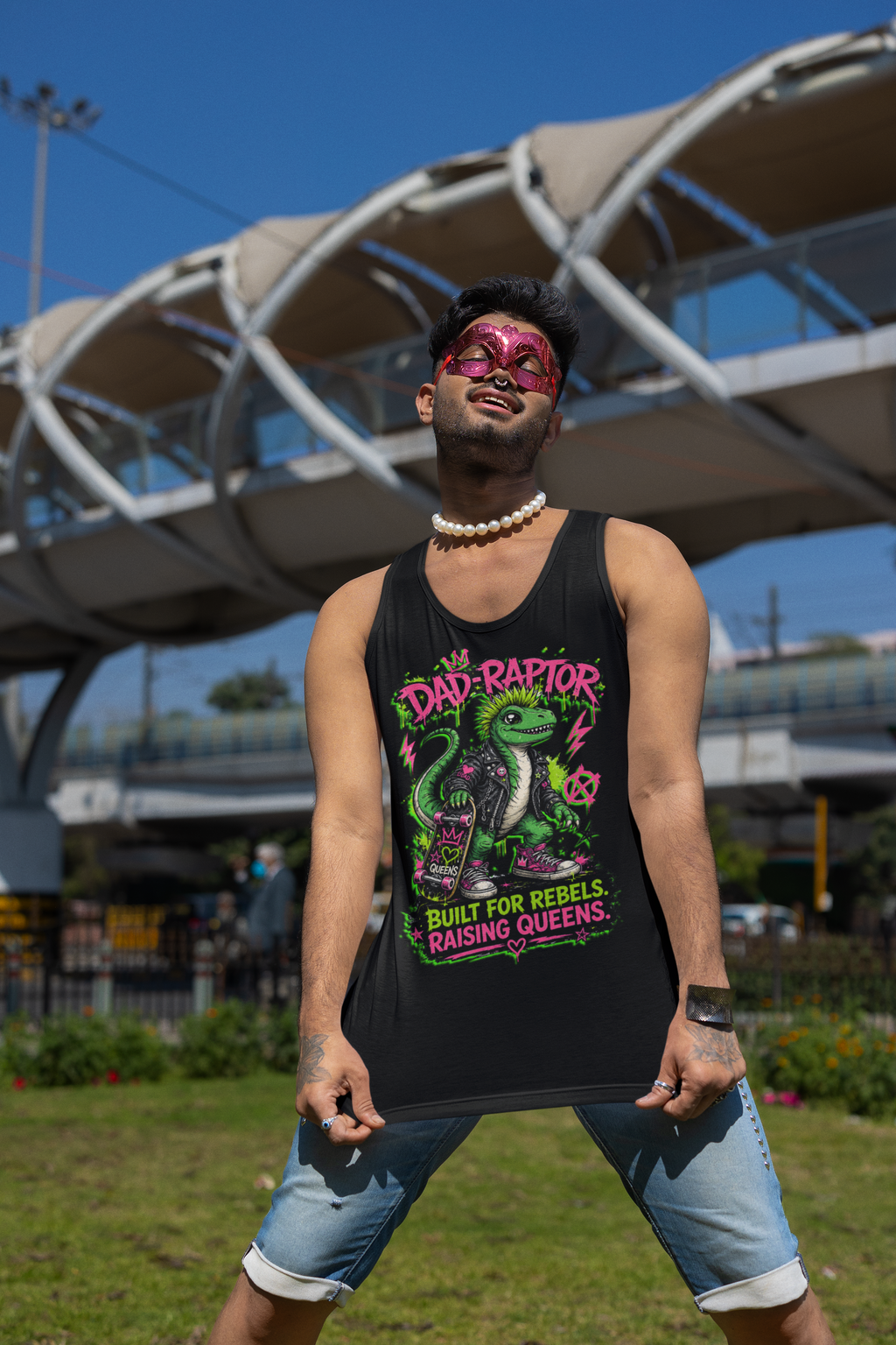 Chaos Kitten Emporium™ punk rock dinosaur graphic tank top for "Daddys", featuring Dad-Raptor design in neon green and pink on a black tank top.