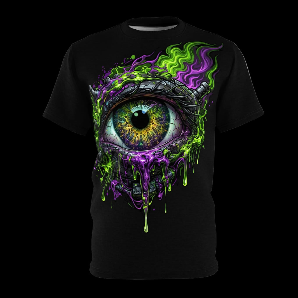 A front-view mockup of a black t-shirt featuring an edgy, hyper-realistic eye graphic with dripping neon green and purple liquid slime, designed by Chaos Kitten Emporium.