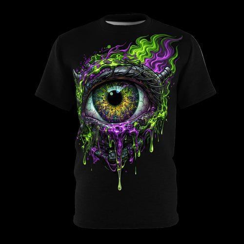A front-view mockup of a black t-shirt featuring an edgy, hyper-realistic eye graphic with dripping neon green and purple liquid slime, designed by Chaos Kitten Emporium.