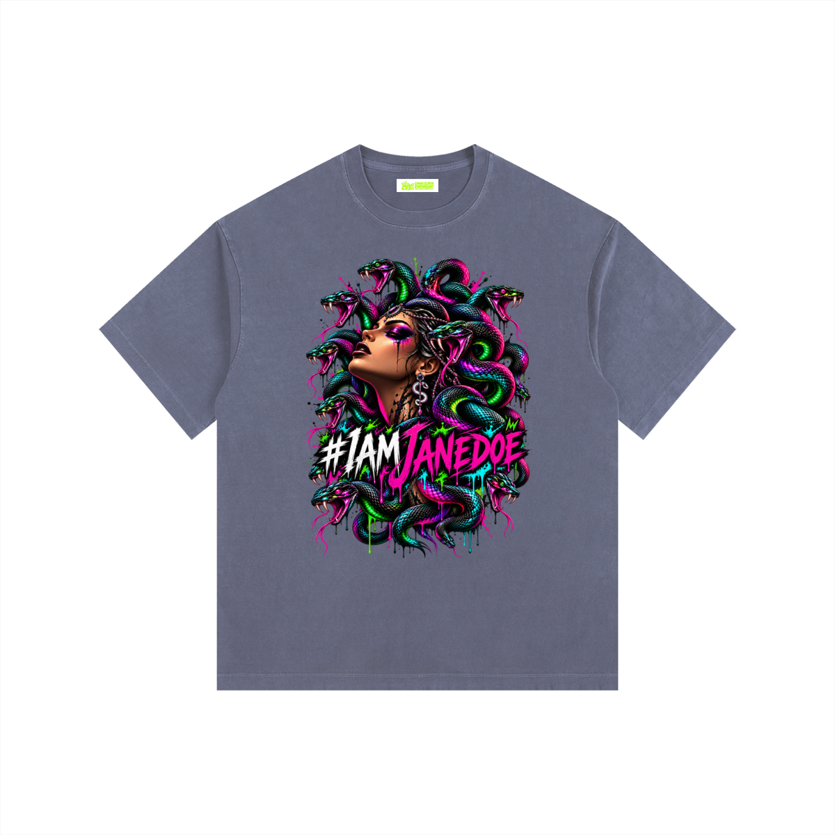 IAmJaneDoe,MedusaGraphicTee,GothicStreetwear,CyberGrungeClothing,AlternativeFashion,OversizedGraphicTee,VintageWashedShirt,NeonMedusa,DarkAesthetic,WomensGraphicTee,MythologyShirt,WearableArt,Apparel,CKE,ChaosKittenEmporium