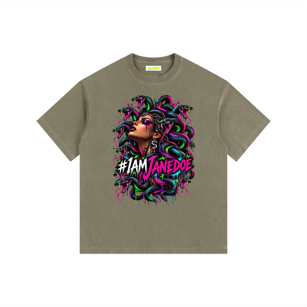 IAmJaneDoe,MedusaGraphicTee,GothicStreetwear,CyberGrungeClothing,AlternativeFashion,OversizedGraphicTee,VintageWashedShirt,NeonMedusa,DarkAesthetic,WomensGraphicTee,MythologyShirt,WearableArt,Apparel,CKE,ChaosKittenEmporium