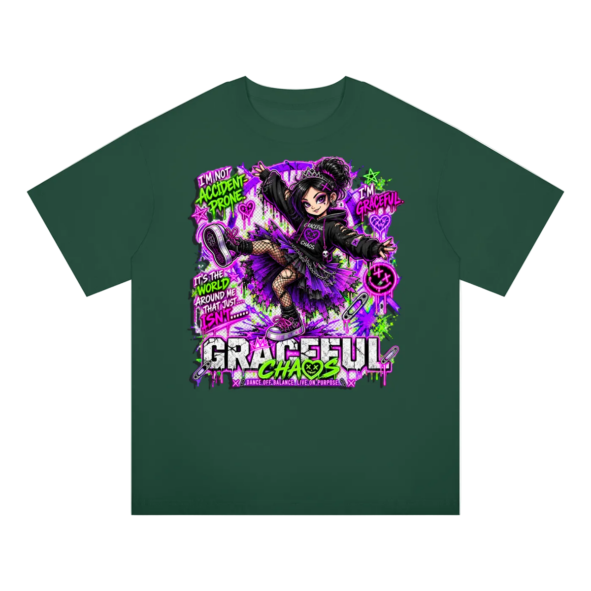 a green shirt with a cartoon character on it