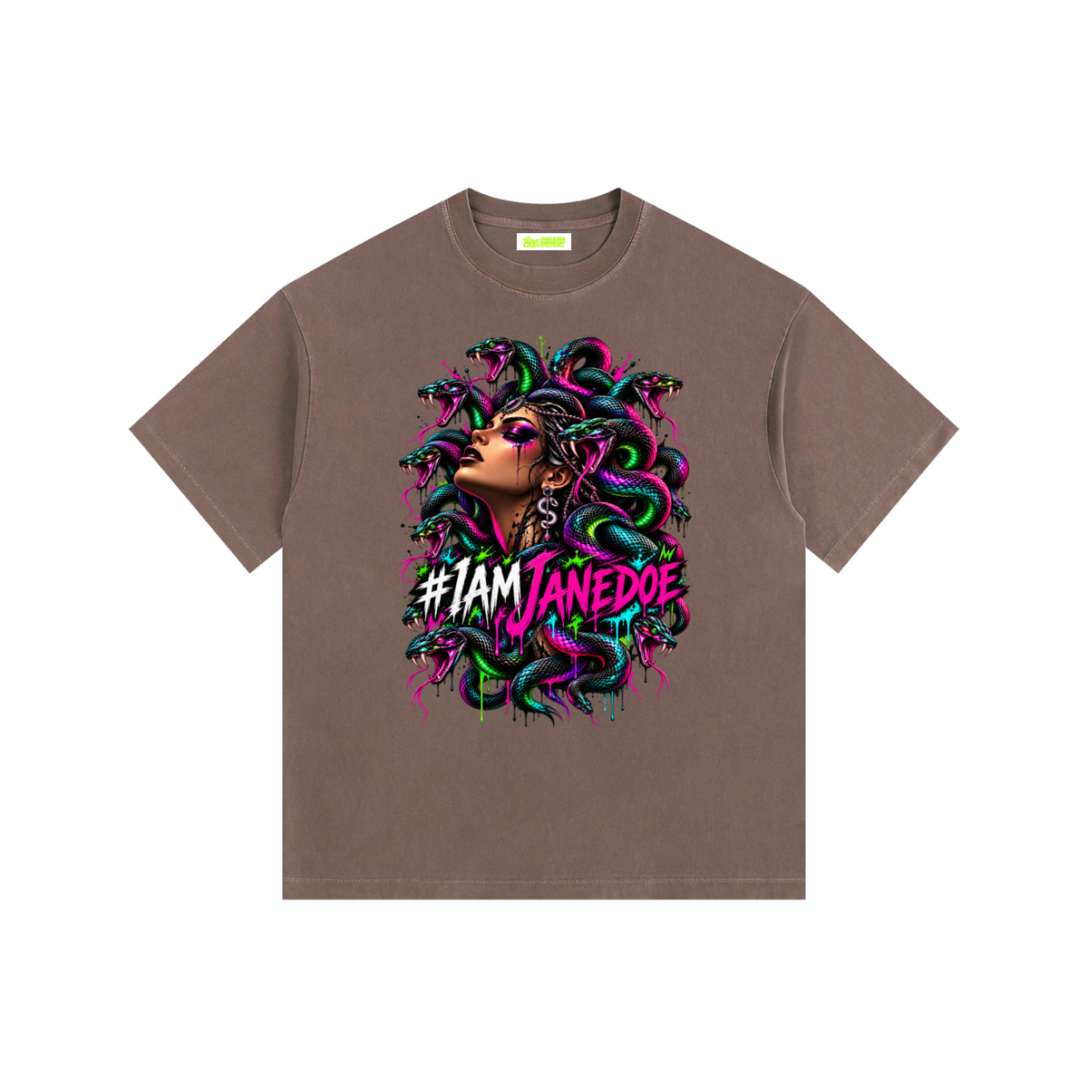 IAmJaneDoe,MedusaGraphicTee,GothicStreetwear,CyberGrungeClothing,AlternativeFashion,OversizedGraphicTee,VintageWashedShirt,NeonMedusa,DarkAesthetic,WomensGraphicTee,MythologyShirt,WearableArt,Apparel,CKE,ChaosKittenEmporium