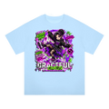 a blue shirt with a cartoon character on it
