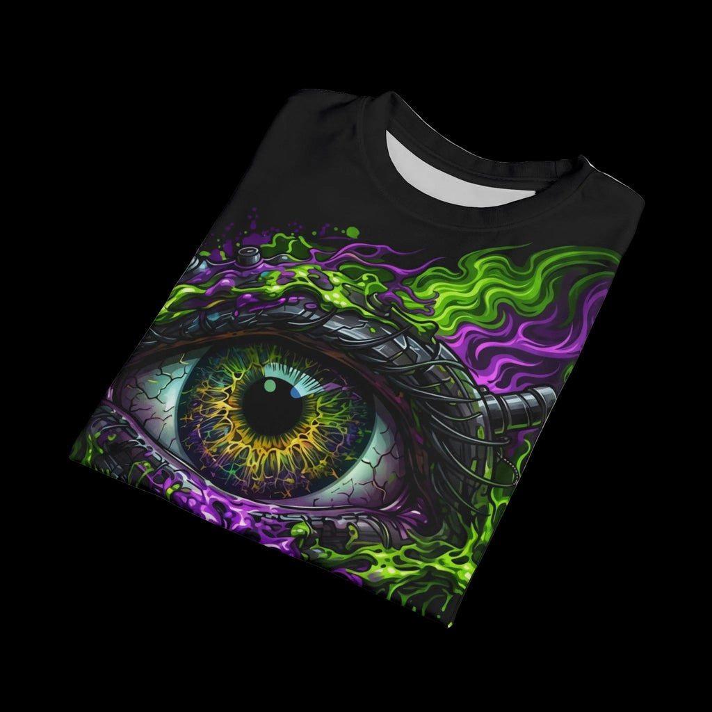 A folded flat-lay mockup of a black t-shirt showcasing the neon green and purple dripping eye graphic, available at Chaos Kitten Emporium.