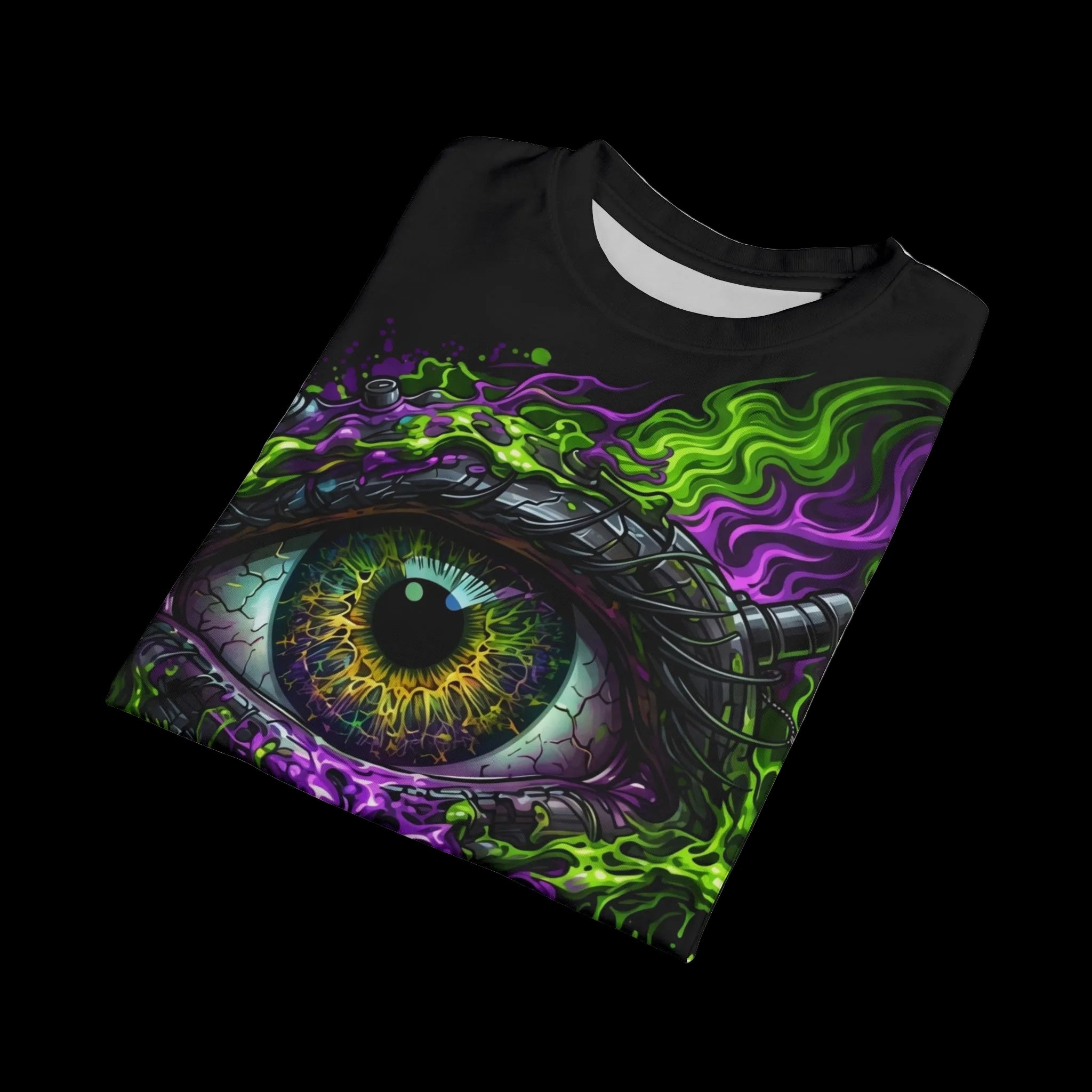 A folded flat-lay mockup of a black t-shirt showcasing the neon green and purple dripping eye graphic, available at Chaos Kitten Emporium.