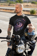Chaos Kitten Emporium™ graphic t-shirt featuring a cosmic galaxy eye design, modeled by a tattooed motorcyclist.