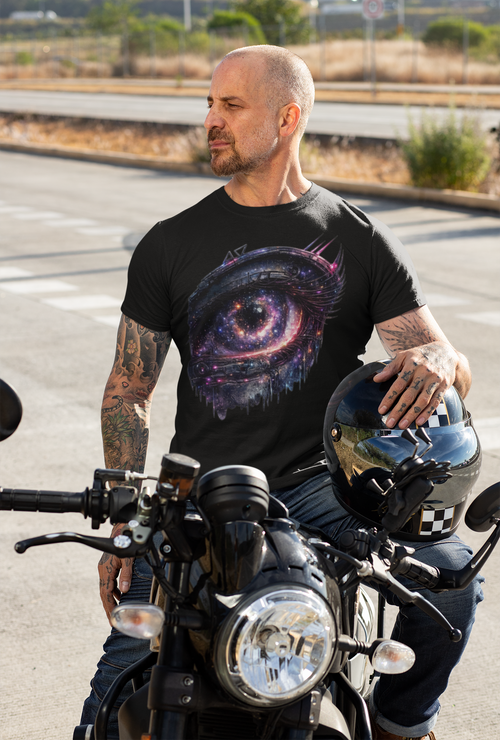 Chaos Kitten Emporium™ graphic t-shirt featuring a cosmic galaxy eye design, modeled by a tattooed motorcyclist.