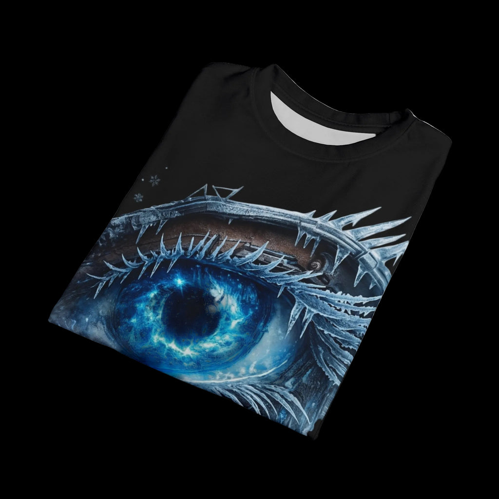 Folded view of the cosmic ice mechanical eye graphic T-shirt for store  (Chaos Kitten Emporium "CKE") display