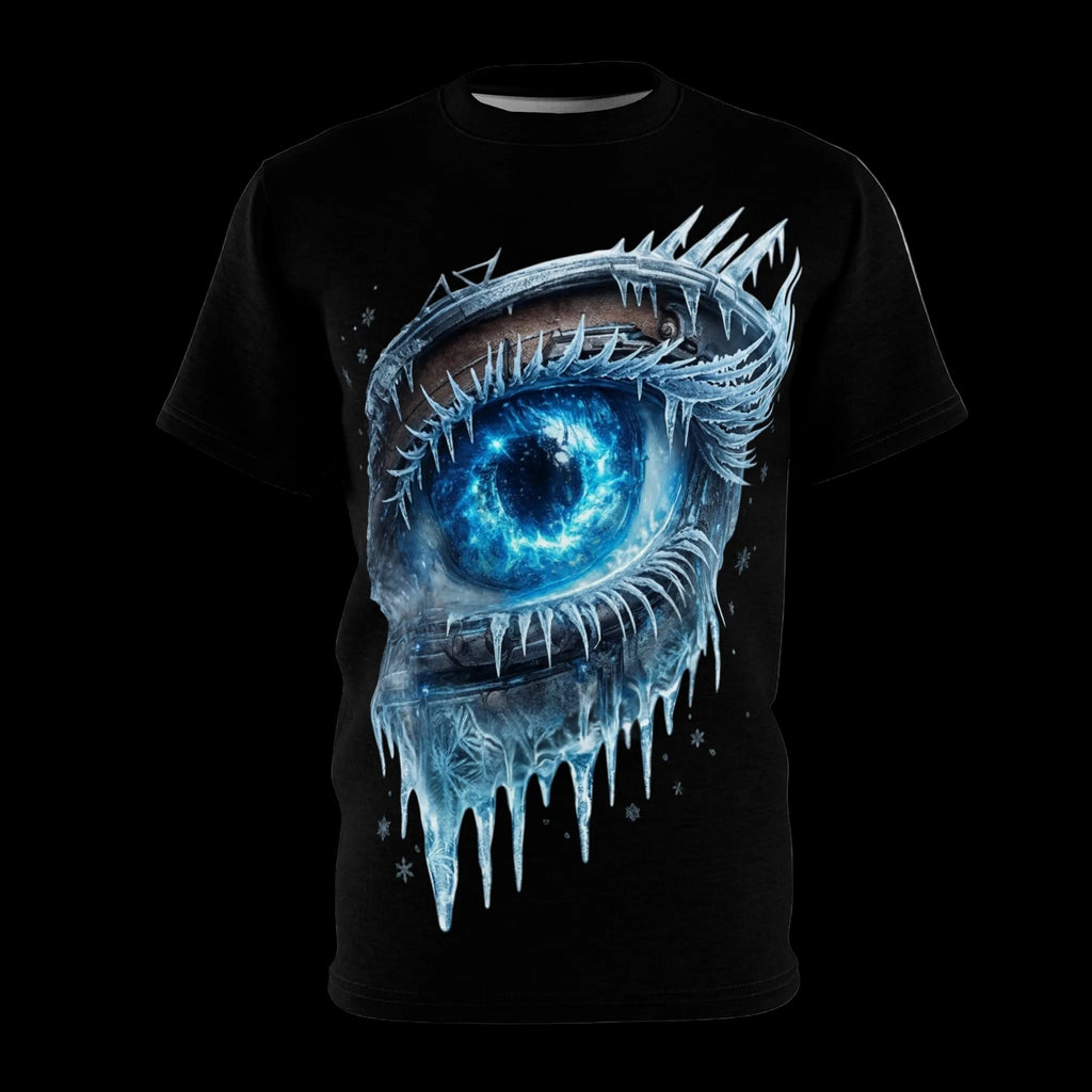 Graphic T-shirt with a cosmic ice mechanical eye design, showcasing a dark aesthetic for alternative streetwear