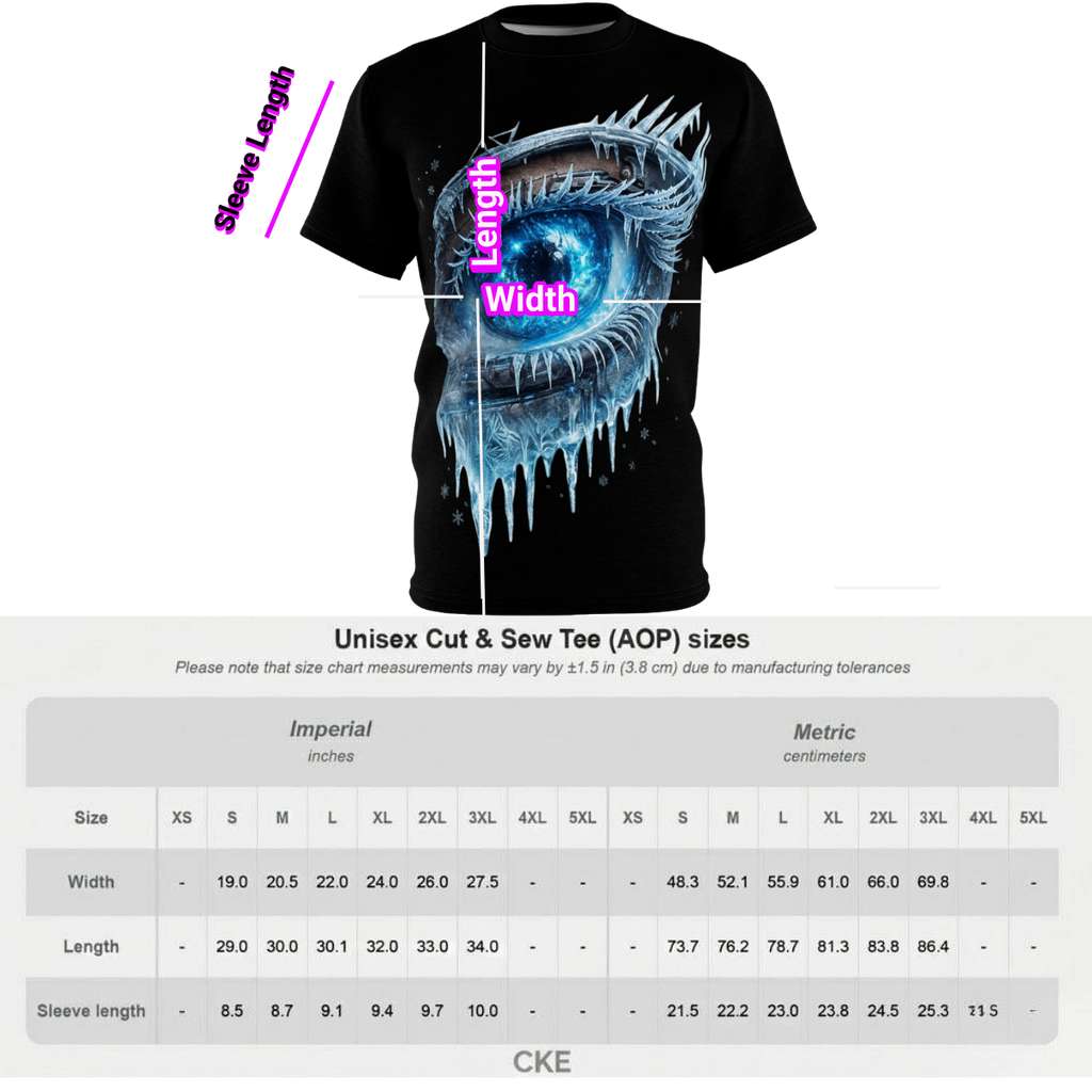 Size chart for the icy mechanical eye unisex T-shirt, displaying measurements for width, length, and sleeve length in both imperial and metric units for sizes S through 3XL.