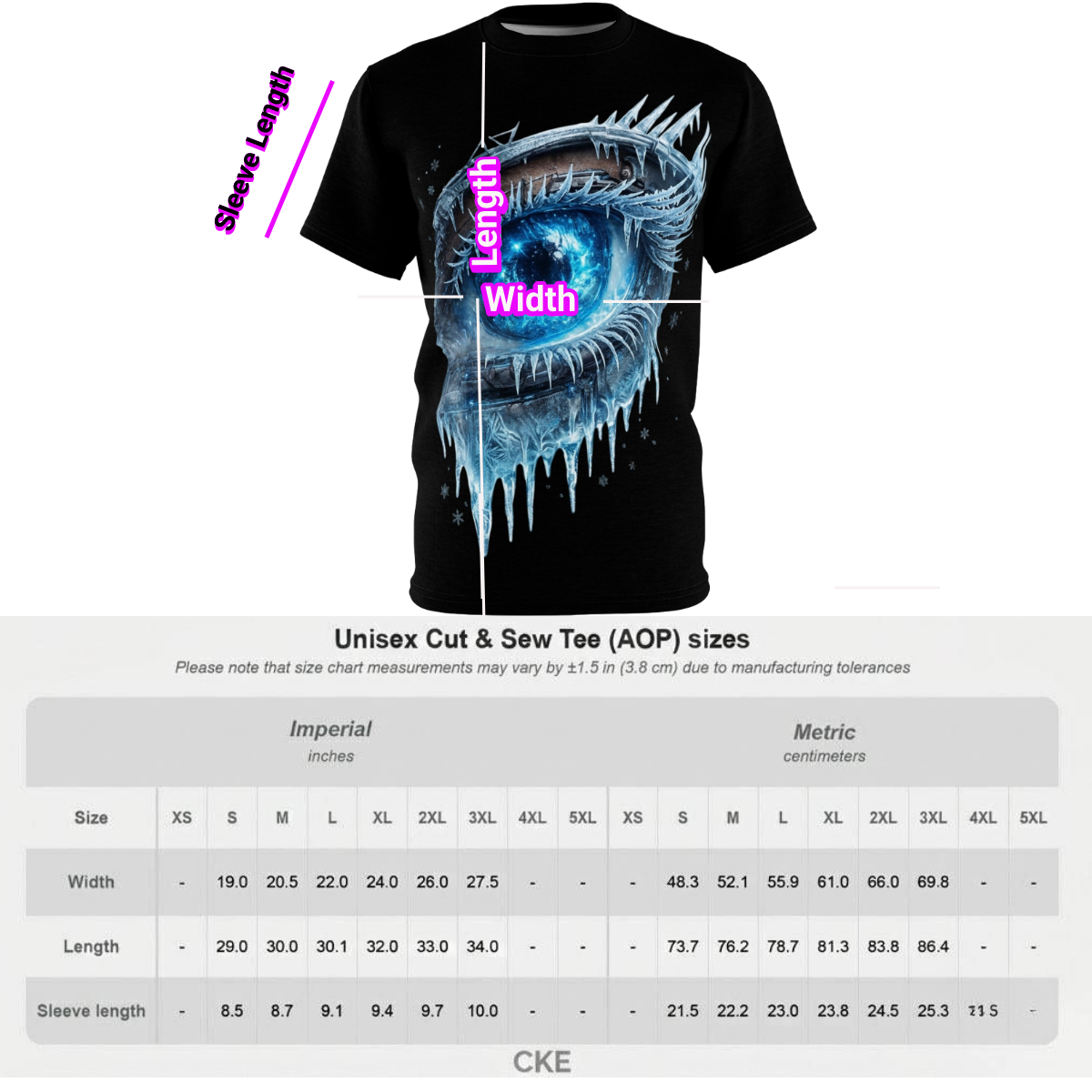 Size chart for the icy mechanical eye unisex T-shirt, displaying measurements for width, length, and sleeve length in both imperial and metric units for sizes S through 3XL.