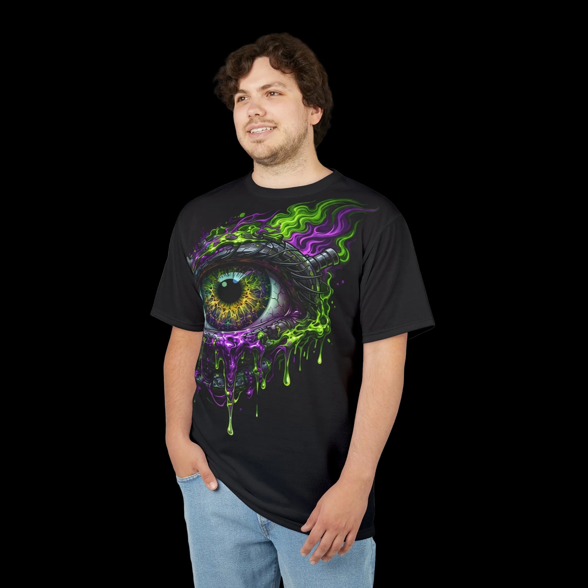 A lifestyle shot of a model wearing a black streetwear t-shirt from Chaos Kitten Emporium, featuring a surreal, hyper-realistic eye graphic with dripping neon green and purple slime.