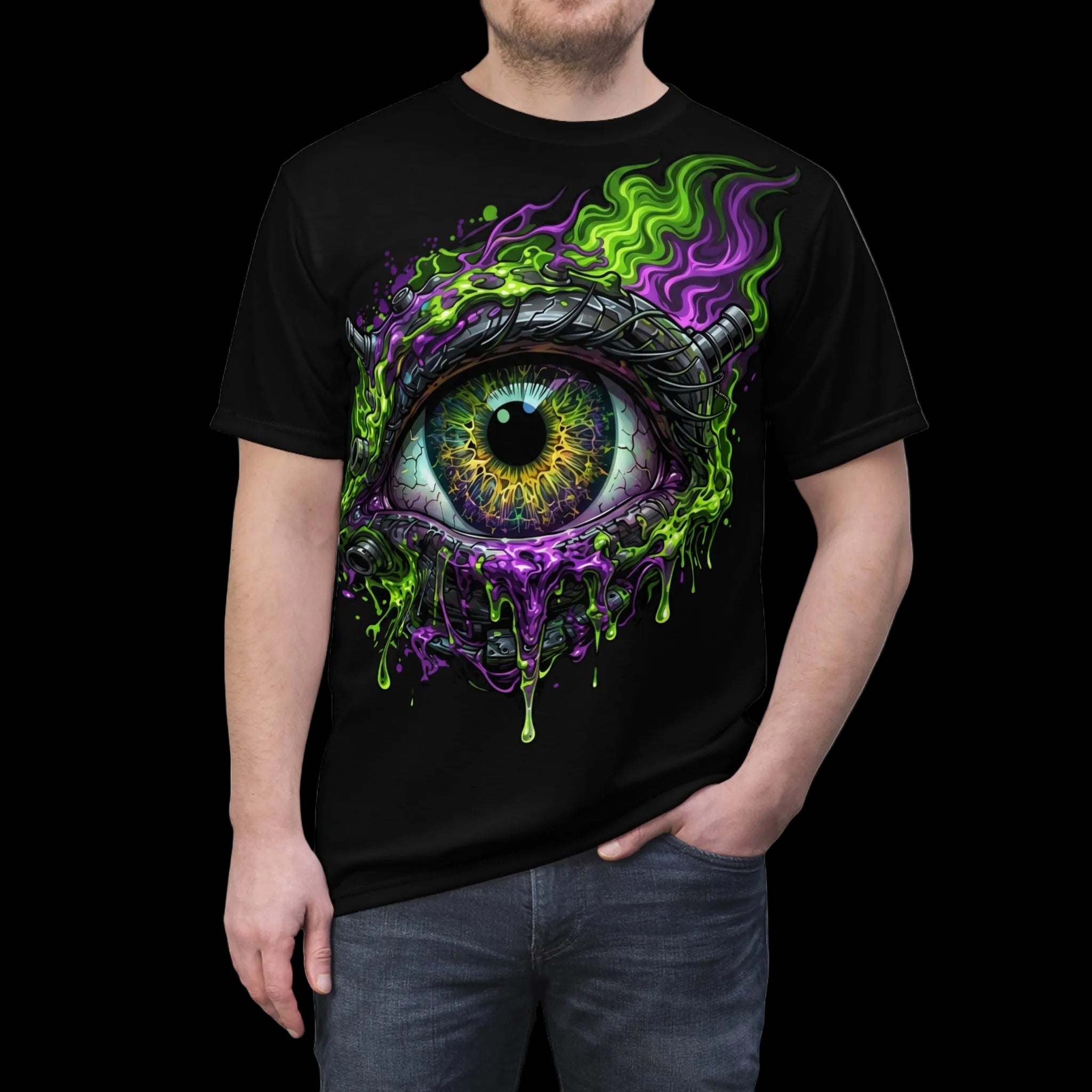 A lifestyle mockup of a person wearing a black streetwear t-shirt featuring a surreal, hyper-realistic eye graphic with dripping neon green and purple liquid slime from Chaos Kitten Emporium.