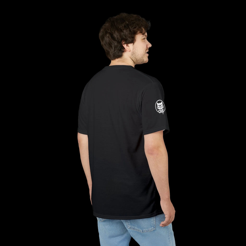 Lifestyle back-view of a branded black streetwear T-shirt showing the signature CKE (Chaos Kitten Emporium) cat logo on the sleeve