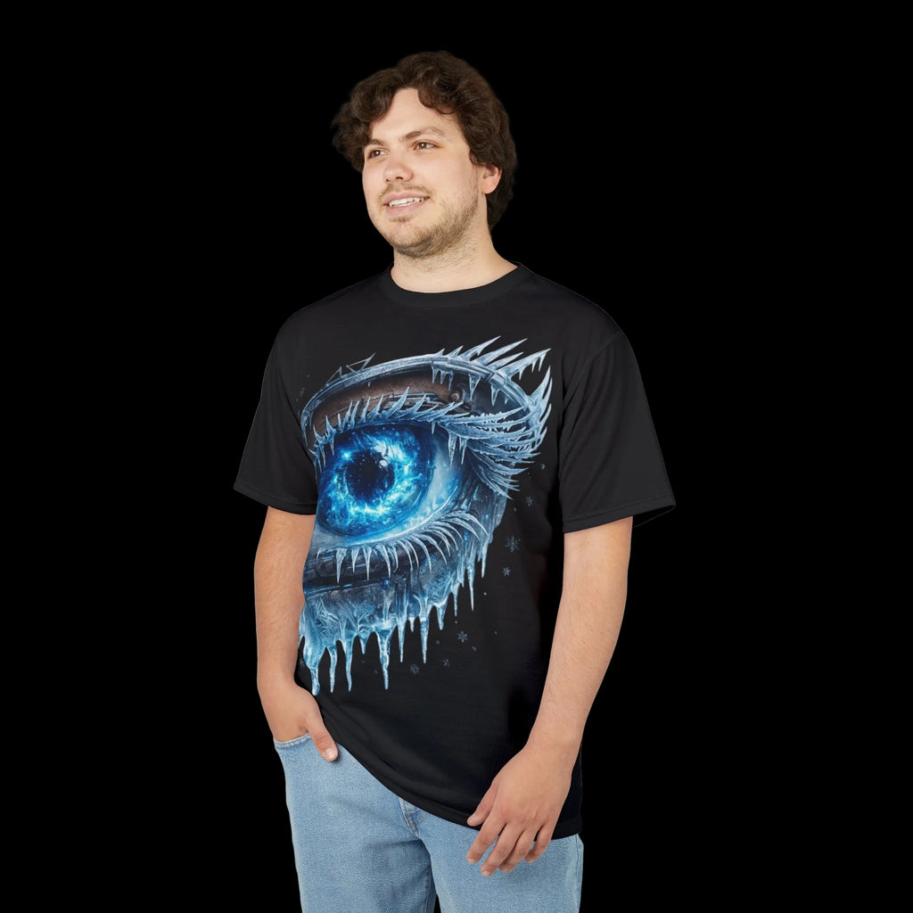 Lifestyle view of the cosmic ice mechanical eye graphic T-shirt for a bold alternative streetwear look.