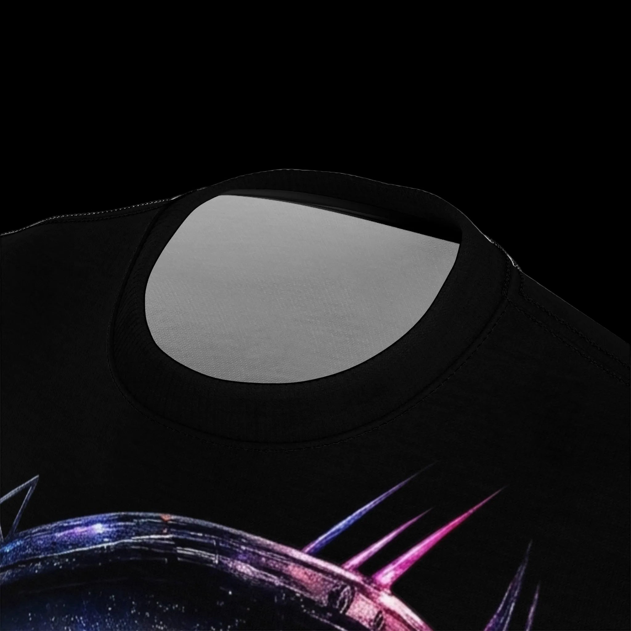 Chaos Kitten Emporium™ premium black graphic t-shirt, highlighting the tagless design and reinforced collar construction