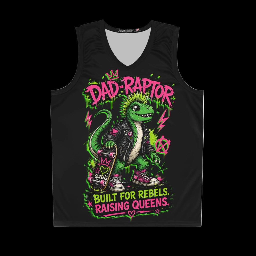 Chaos Kitten Emporium™ Dad-Raptor graphic tank top, featuring a punk rock T-Rex with skateboard and the slogan 'Built for Rebels, Raising Queens'.