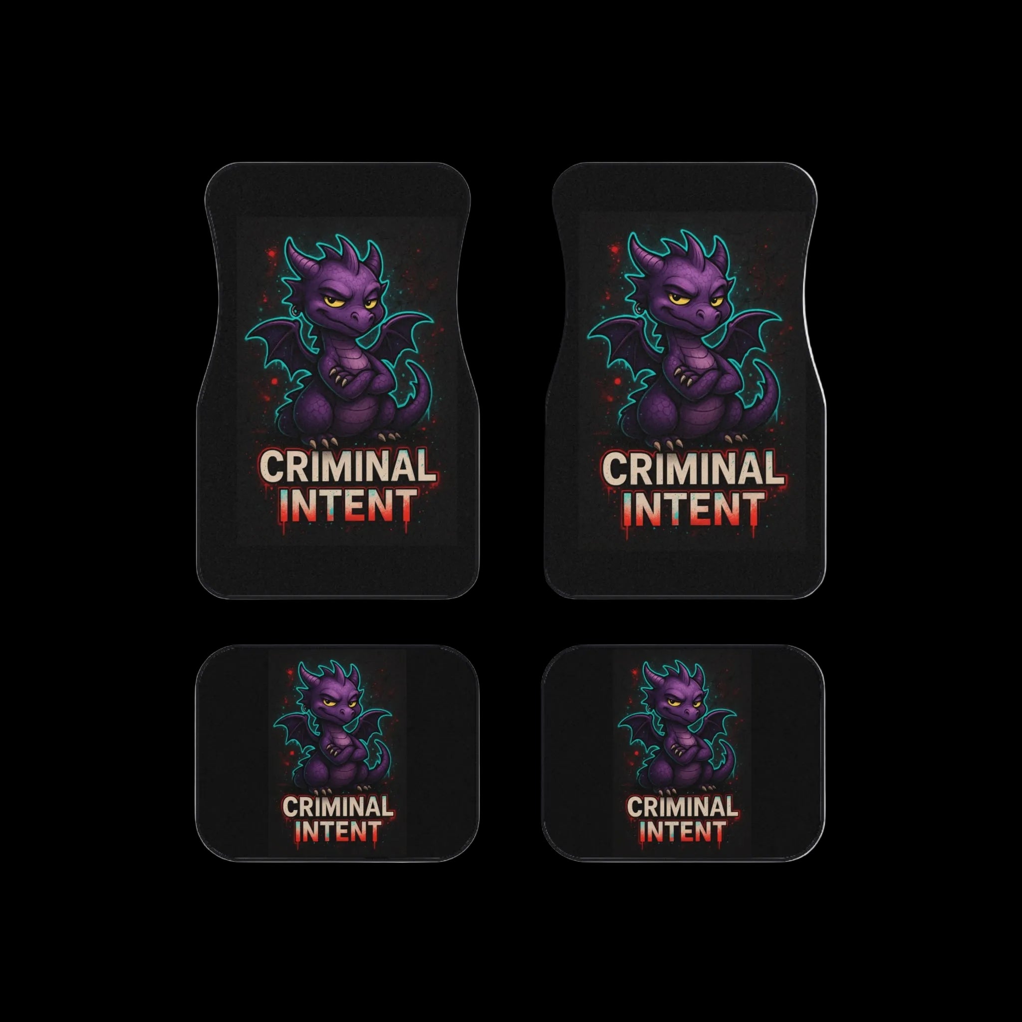 Purple dragon car mat set from Criminal Intent by Chaos Kitten Emporium, featuring detailed dragon designs for vehicle interior accessories.