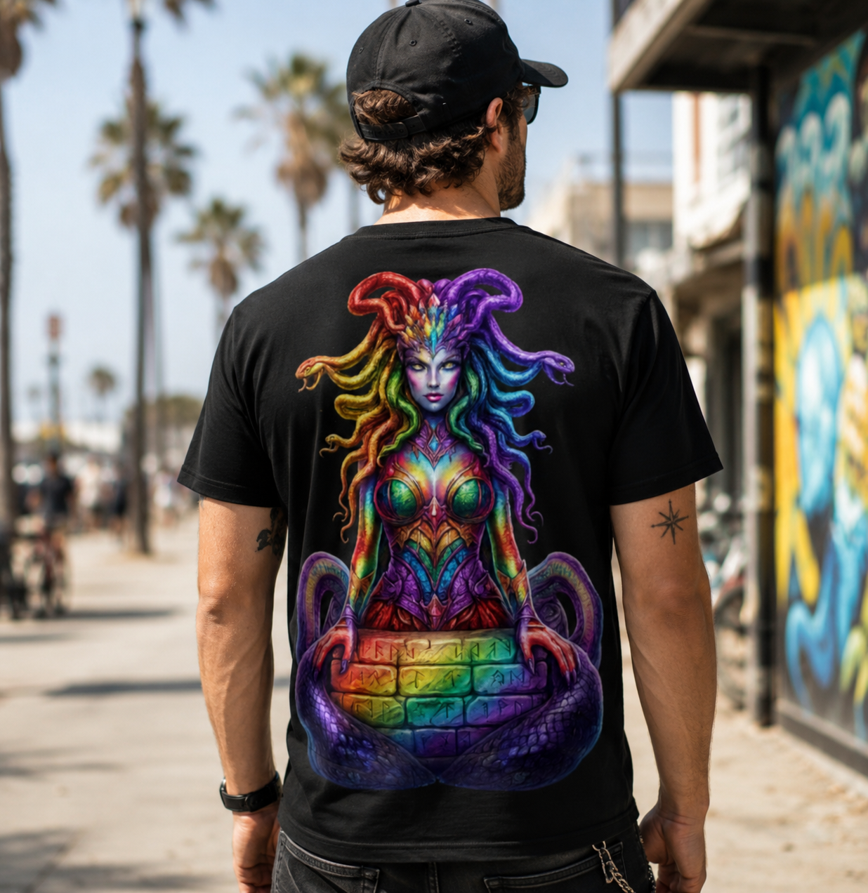 Black CKE Rainbow Pride Medusa T-Shirt featuring a colorful Medusa graphic with a rainbow snake mane against an urban backdrop.