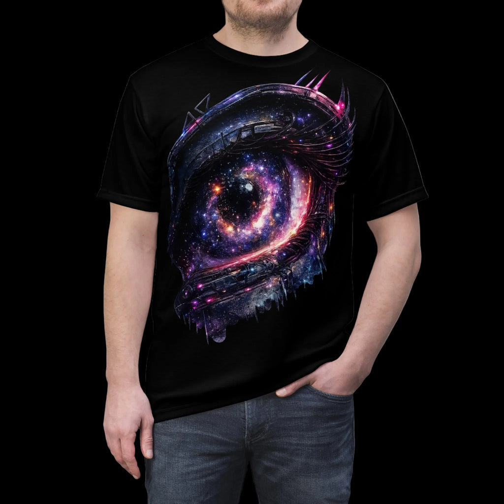 Chaos Kitten Emporium™ graphic t-shirt for men, featuring a premium cosmic eye design with vibrant nebula and space-inspired art.