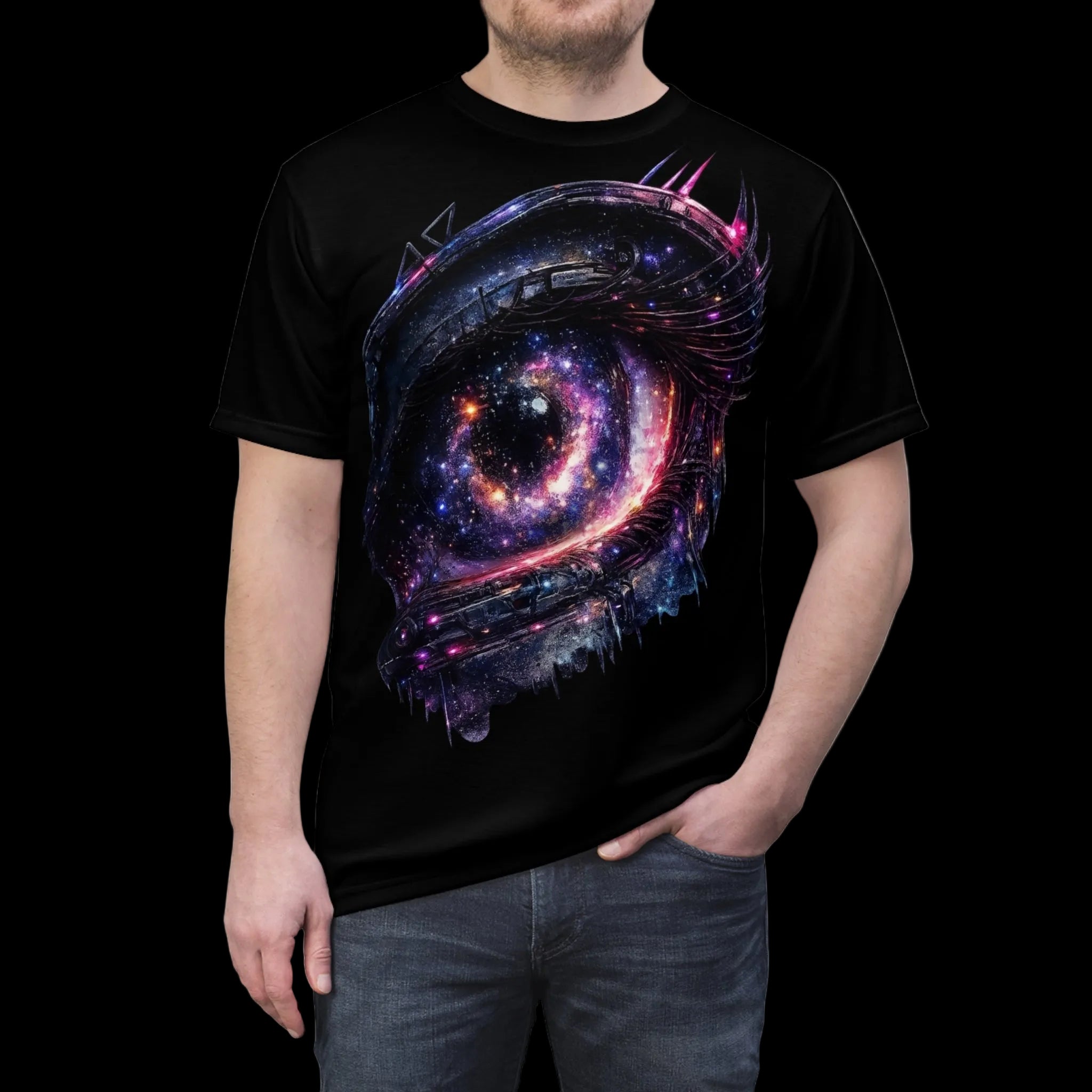Chaos Kitten Emporium™ graphic t-shirt for men, featuring a premium cosmic eye design with vibrant nebula and space-inspired art.