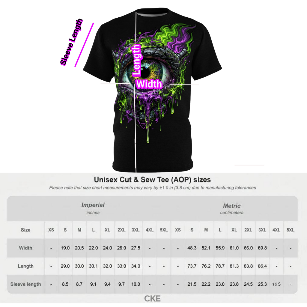 A front-view digital mockup of a black unisex streetwear t-shirt featuring a hyper-realistic, dripping cosmic galaxy eye graphic, sold by Chaos Kitten Emporium.
